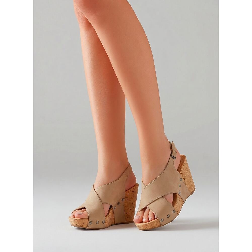 Lucky Brand Minari Tan Genuine Suede Wedge Sandals-S 7.5 - Picture 6 of 7